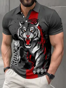 Men's 3D Digital Graphic Tiger Print Polo Shirt, Top, Fitted Short Sleeve, Casual Streetwear Aesthetic, Realistic Animal Pattern, Pure Color Collar Design