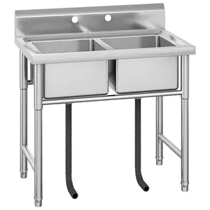 GARVEE Utility Stainless Steel Sink Collection: Free Standing Commercial Kitchen Sinks with Single, Double, and 3-Compartment Bowls, Featuring Hot/Cold Faucets and Workbenches for Restaurants, Laundries, Garages, Bars, and Workshops