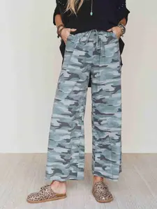 Plus Size Women's Camo Fashion Casual Elastic Waist Wide Leg Long Pants, Loose-Fitting Mid Waist, All Seasons, Stylish & Comfortable Camouflage