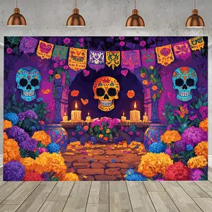 1pc Day of the Dead Backdrop Banner - Vibrant Mexican Cultural Theme with Skulls, Marigolds & Papel Picado Design - Polyester Photography Backdrop for Parties, Studio Props, No Power Needed Ornaments Decor
