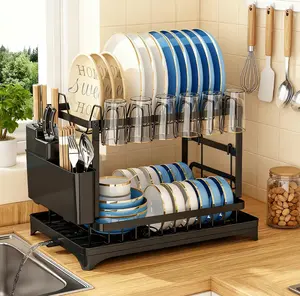 Black 2-Tier Carbon Steel Metal Rectangle Dish Drying Rack for Kitchen Countertops, Space-Saving Organizer with Drainboard, Durable Stable Structure, Easy Assembly, Plate Bowl & Utensil Holder