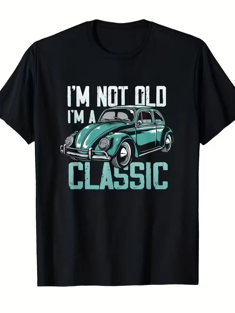 Classic Black 100% Cotton Vintage Teal VW Beetle Bug Car "I'm Not Old I'm A Classic" Retro Car Lover Graphic T-Shirt, Car Enthusiast Oversized Casual Top