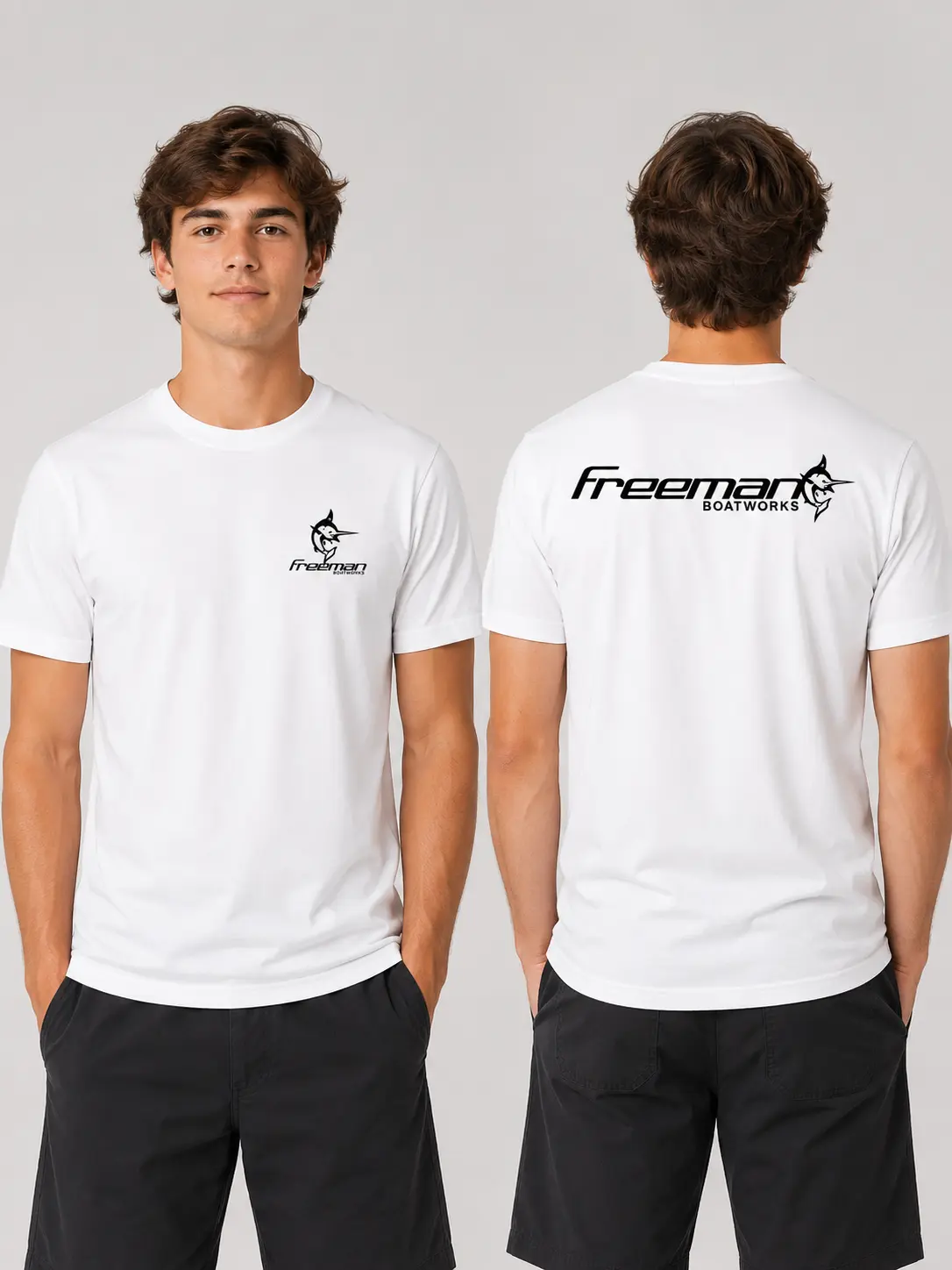 Freeman Boatworks Men's Classic Round Neck Short Sleeve Soft Ribbed Seamless Cotton Graphic T-Shirt - Smooth Casual Offshore Fishing Print Top, Fitted Sportfishing Wear (Family Sizes Available)