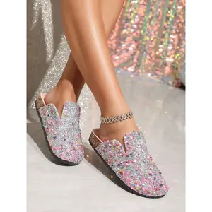 Women's Closed Toe Rhinestone Slippers, Sequin Mules, Adult Cork Shoes, Comfortable Casual Non-slip Sandal Slippers