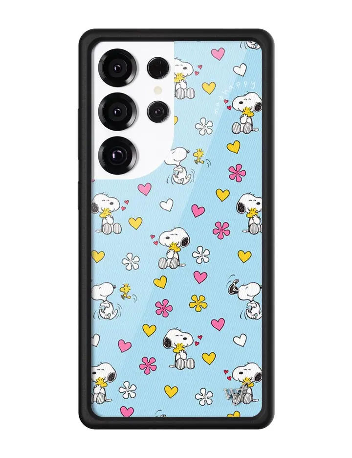 MH x Snoopy Collab | Limited Edition Trendy Samsung Galaxy Case | Raised Protective Black Bumper | Women Owned Small Business | Baby Blue Background Yellow and Pink Hearts and Flowers Snoopy and Woodstock | Safety Casing Protective | Gift for Her