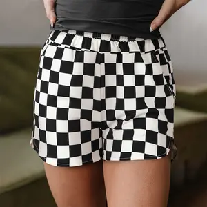 Black Checkered Print High Waist Casual Shorts