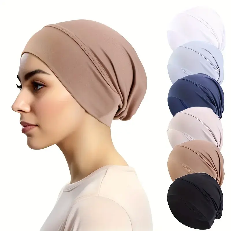 6PCs set: soft polyester undercap for women-solid color, stretchy & comfortable head wraps