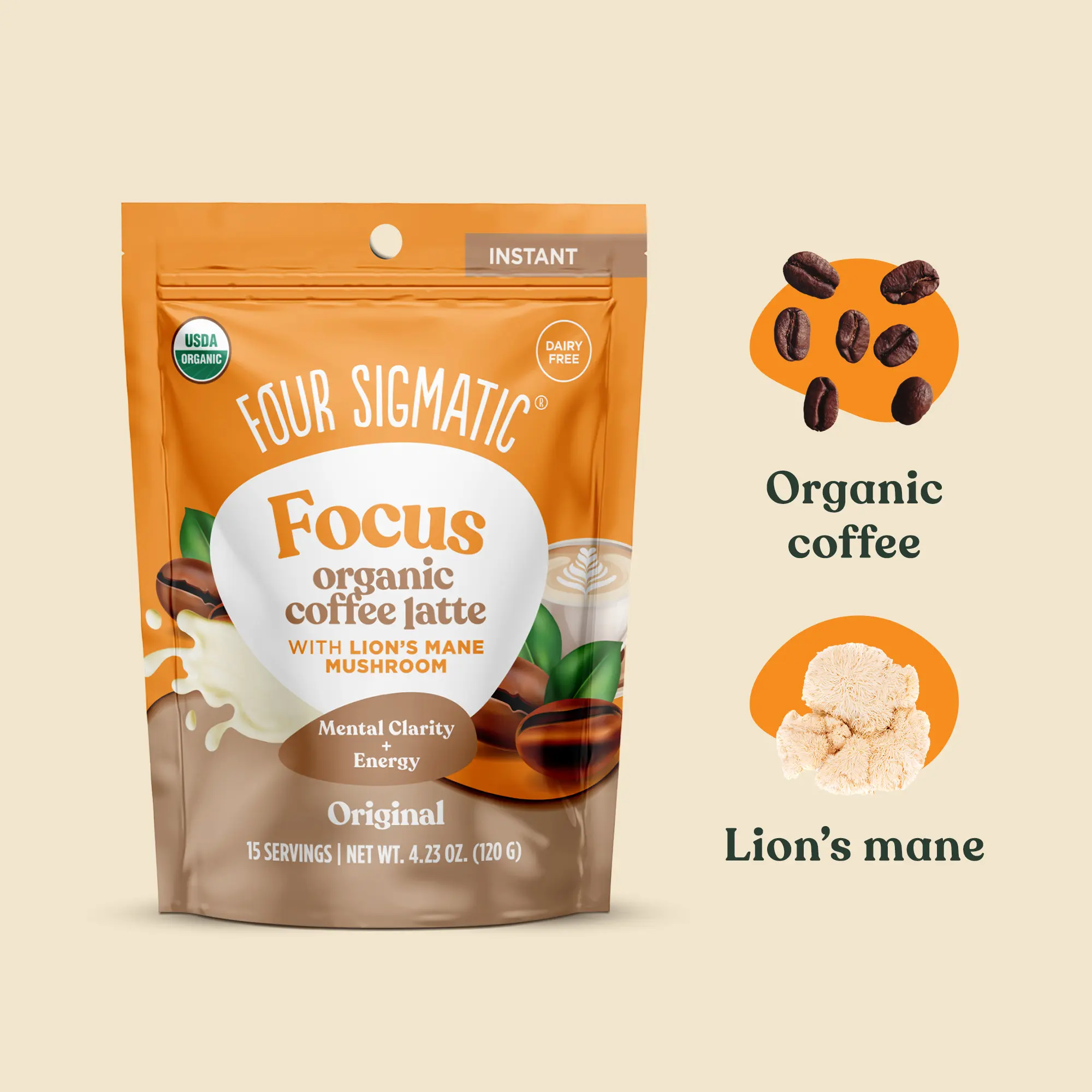 Four Sigmatic - Focus Organic Coffee Latte Beverage , Original, 15 servings