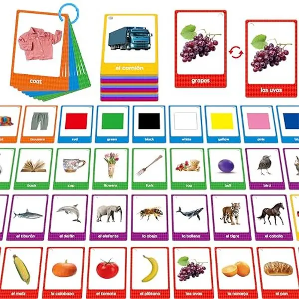 60 English Spanish Flash Cards, Double-Sided Nouns Cards Bilingual Sight Words - Animals, Colors, Food, Vehicles Cards, Language Vocabulary Learning Tool for Beginners 5+ with 2 Reclosable Rings