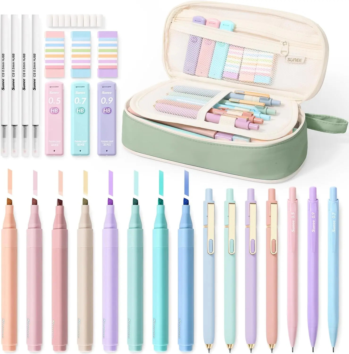 SUNEE 35PCS Aesthetic Stationery Set with Cute Pencil Case, Pastel Highlighters, Black Gel Pens, Mechanical Pencils & Refills, College School Supplies for Students Girls Green