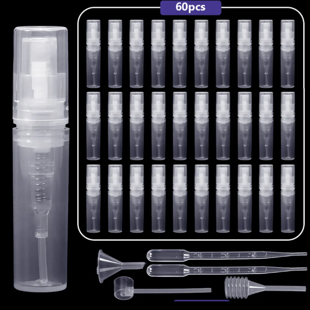 60 Pcs Perfume Atomizer, 2 Ml Mini Plastic, Clear Perfume Atomizer, Comes with Filling Tool for Easy Filling, Suitable for Travel, Camping and Outdoor Activities