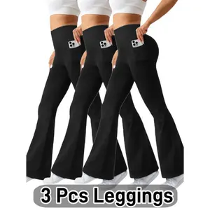 Ultra-soft high-waisted women’s flare leggings with side pockets — tummy control, stretchy bootcut pants for casual wear; available in four colors; can be worn under a raincoat.