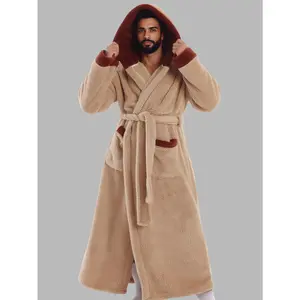 Men's Heavy-Duty Winter Hooded Bathrobe Robe - Thickened Long Sleeve Sleepwear with Adjustable Belt & Pockets, 8 Colors (White/Black/Navy/Gray/Brown/Dark Green//Dark Red) - Extended Length 61-74.8 Inches, Machine Washable - Ideal