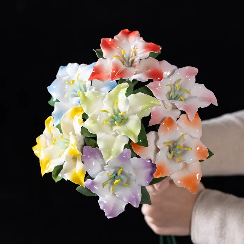 6pcs Ceramic Flowers,porcelain Flowers,Ceramic Lily Flower Sticks Traditional Craft Eternal Life Flower Simulation Decoration Inserted Vase Cultural Creation Adornment, Office Desktop Decoration Ornaments,Hall Decoration,Housewarming, Wedding, Gift Giving