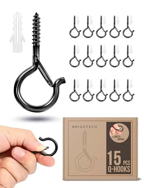Brightech Q Screw Hooks with Safety Buckle - Ceiling Hooks for Hanging Solar, Plug-in Lights - Home Improvement Accessory for Porch, Patio
