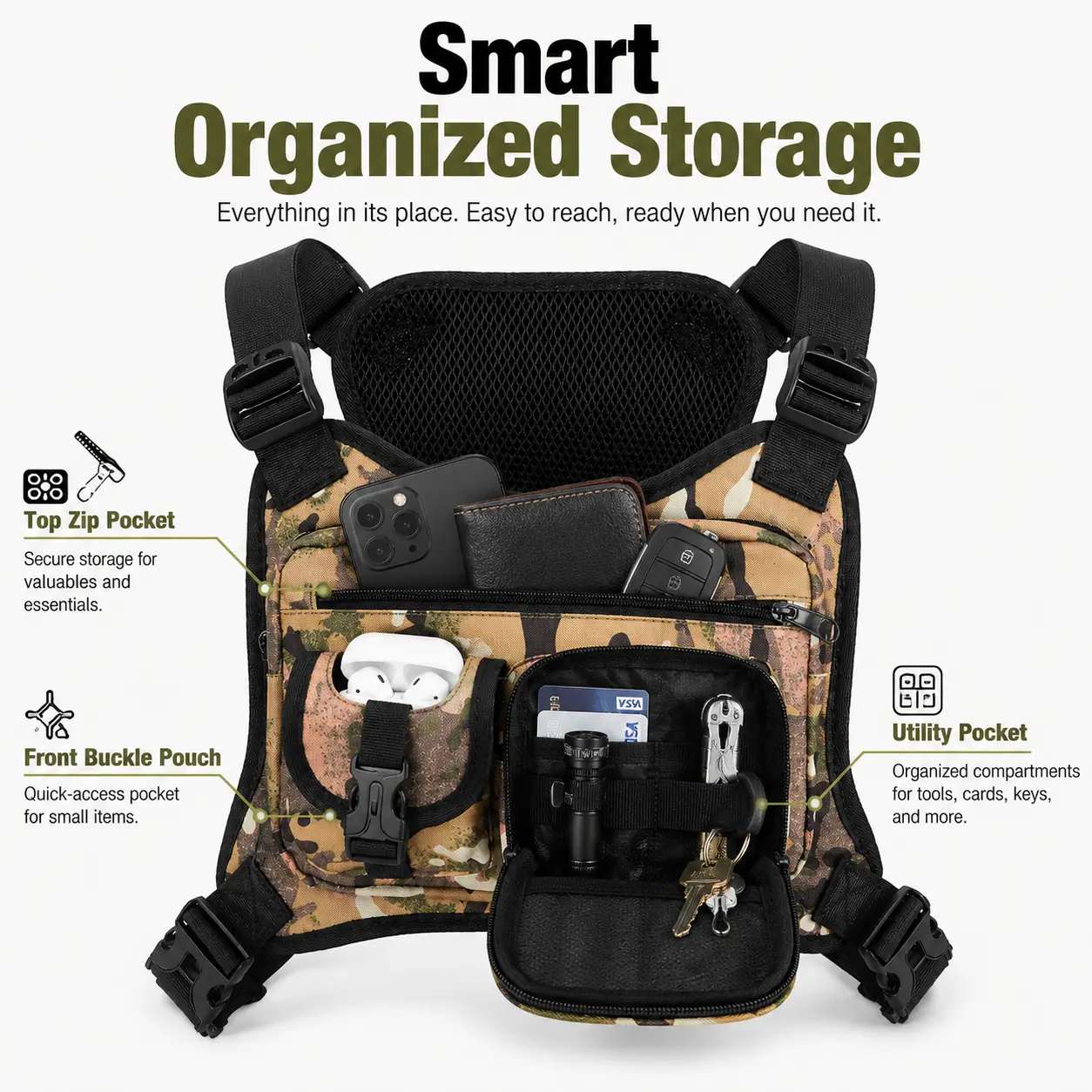 Outdoor  Chest Bag for Men, Chest Vest Holster Fits Most Pistols, EDC Travel Chest  for Running, Hiking
