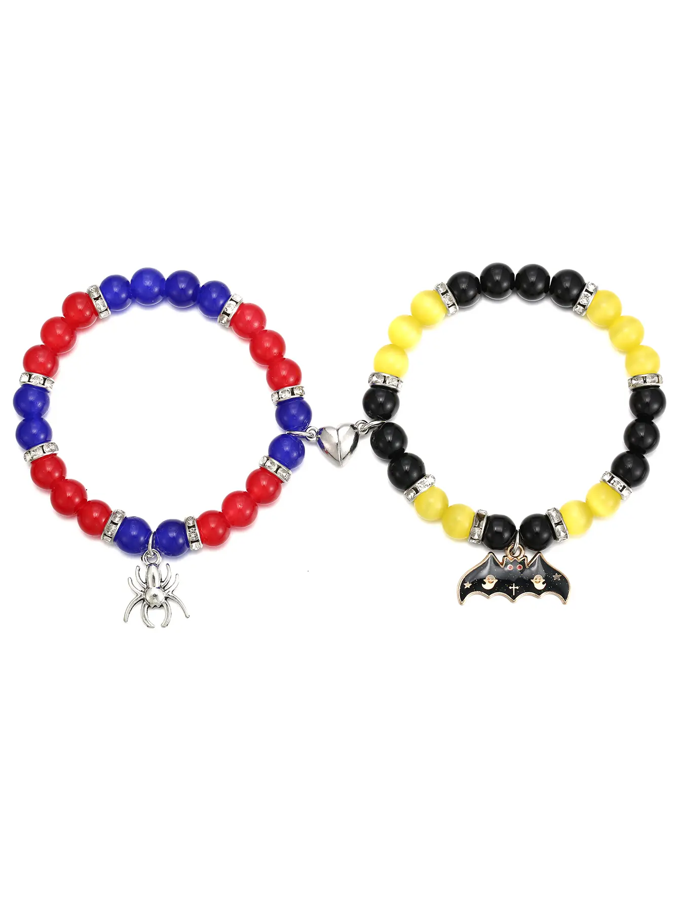 Spider and Bat Charm Beaded Bracelets, Gothic Style Matching Set for Couples, Stretch Cord Jewelry with Beads and Charms, Gothic Look, Spider And Bat Charms Beaded Bracelets