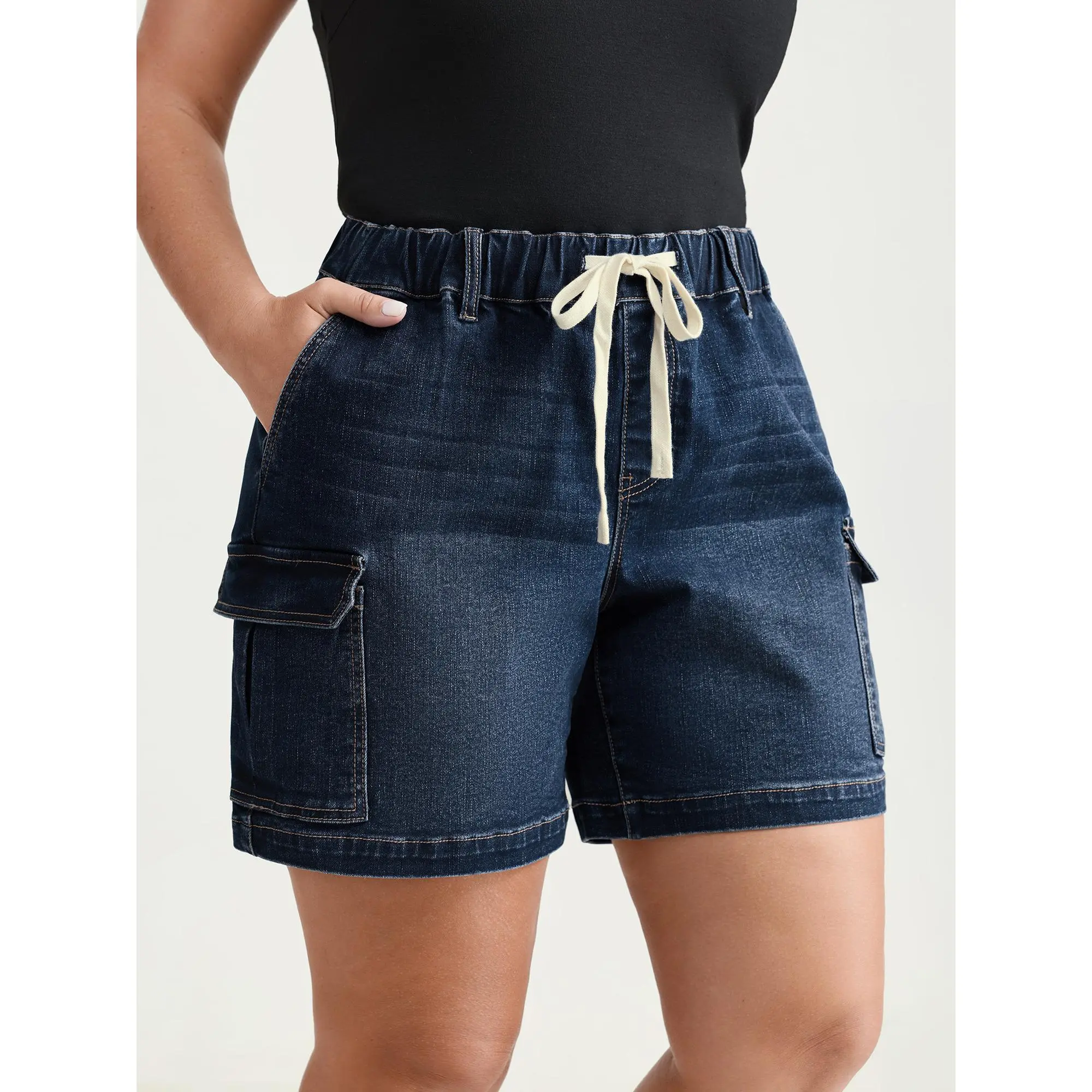 BloomChic Women's High Stretch Boyfriend Denim Shorts, Casual Fit Pull-On with Slanted Pockets in Dark Indigo Wash, Spandex, Bottom, Fabric, Jorts Shorts, Baggy Denim Shorts