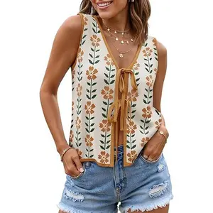 ZESICA Women's Tie Front Sweater Vest Summer Print Sleeveless Knit Y2k Tank Tops 2026 Trendy Clothes Outfits Dress