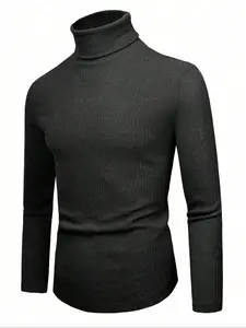 Men's Long Sleeve Knitted High Neck Shirt, Slim Fit Casual Solid Color Top for Spring Autumn Winter, Comfortable Daily Wear