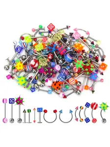 CrazyPiercing Lot of 110PCS Body Jewelry Piercing Eyebrow Navel Belly Tongue Lip Bar Ring