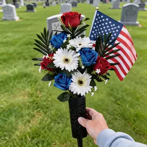 Memorial Day Flowers for Cemetery: 2 Pcs Outdoor Grave 250th Anniversary USA Decorations - Artificial Patriotic Cemetery Flowers for Grave - Red White Blue Roses with American Flags Vase