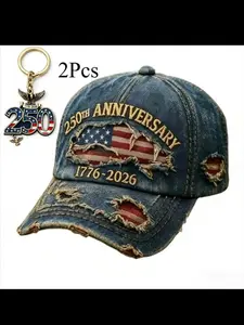 American 250th Anniversary Authentic Keychain Pendant, Embroidered Denim Ball Cap, Historical Event Collection Gift, Single Pack, Vintage