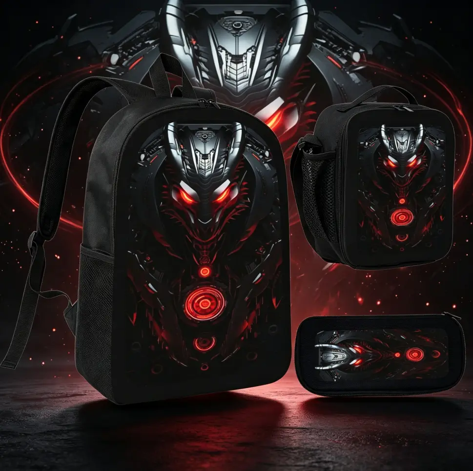 3-in-1 Ergonomic Sci-Fi Mecha Robot Backpack Set Pack, Futuristic Printed School Bag with Lunch Box & Pencil Pouch, Back to School Storage Bag for Boys Teens