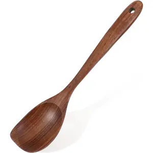 Teak Wood Corner Spoon Cooking Wooden Spoons Long Handle Grip Ladle Handcraft Heat Resistant Spatula Spoon Tool for Kitchen Non Stick Cookware Baking Serving Mixing Stirring Gravy Utensils