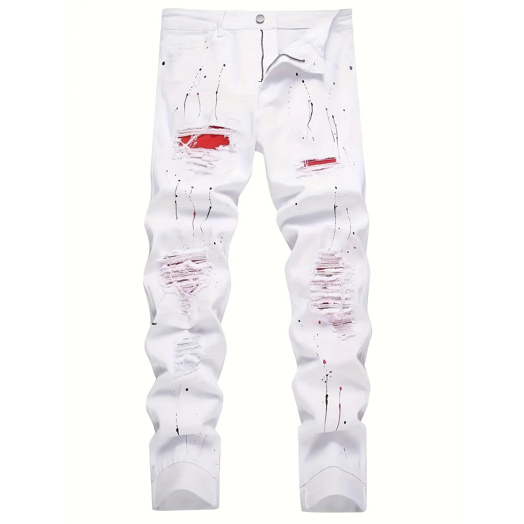 Men's Ripped Stretch Regular Fit White Jeans with Red Patch - Menswear, Casual Wear Pants, Below Ankle Trousers, Ripped Jeans, Denim Fabric, Ripped Look