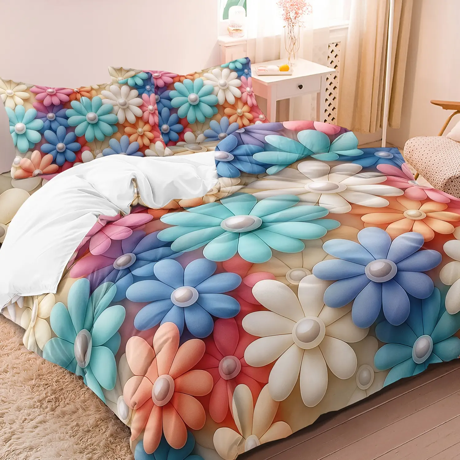 3pcs Colorful Daisy Flower Bedding Queen Print Decorative Duvet Cover Set (1 Duvet Cover + 2 Pillowcases, No Comforter, No Pillow), Bright Floral Pattern Bedroom Decor,for Spring Summer Home Guest Room
