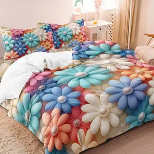 3pcs Colorful Daisy Flower Bedding Queen Print Duvet Cover Set (1 Duvet Cover + 2 Pillowcases, No Comforter, No Pillow), Bright Floral Pattern Bedroom Decor,for Spring Summer Home Guest Room