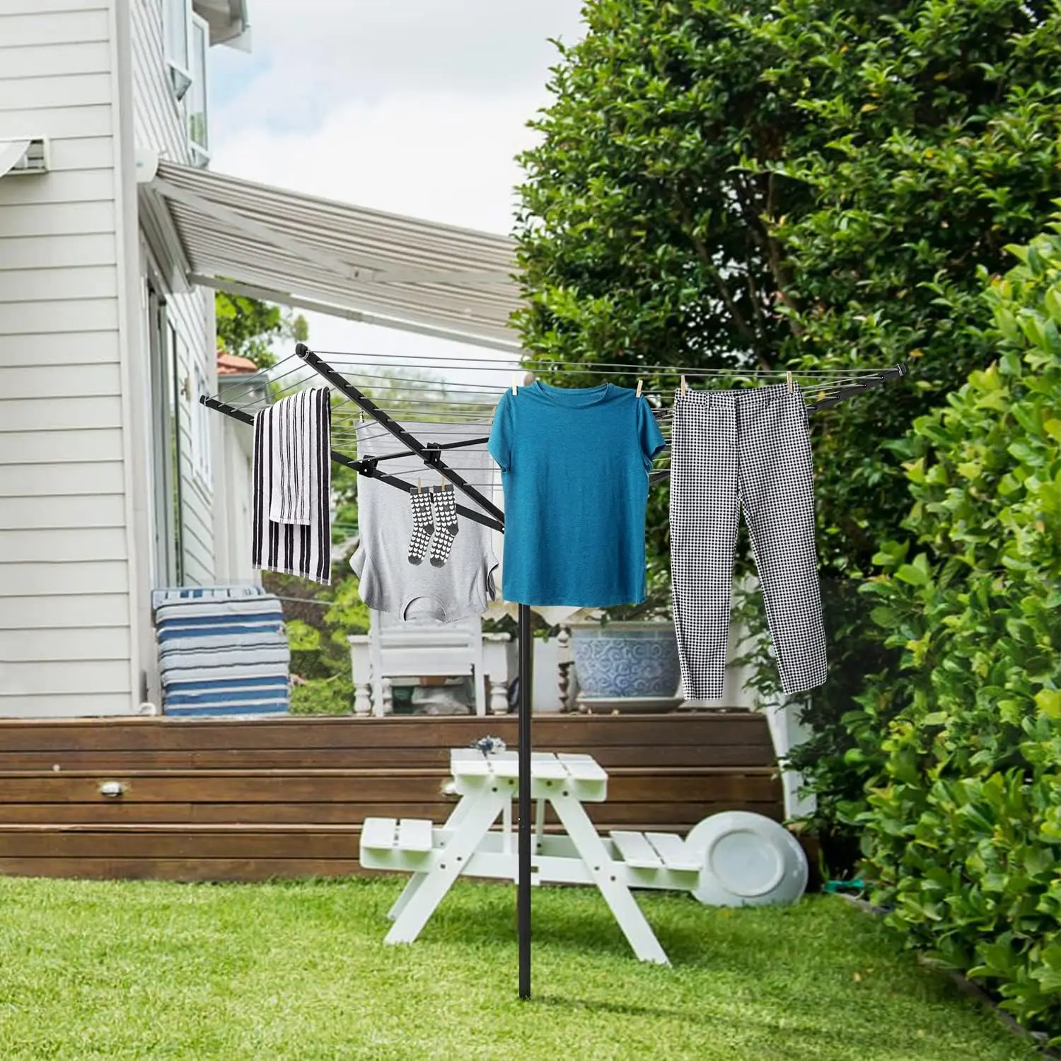 Nisorpa Rotary Outdoor Umbrella Drying Rack Adjustable Height Clothesline w/Waterproof Protective Cover Folding Rotary Dryer with 4-Aluminum Arms and Steel Post 12-Lines with 165 ft Clothesline