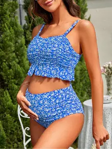 PRINCELY 2-Piece Plus-Size Maternity Swimsuit For Women, Floral Print, High Elasticity, Conservative High-Waisted Two-Piece Swimsuit