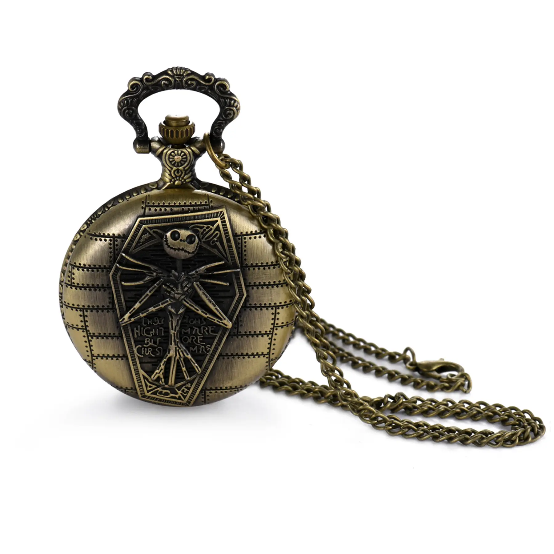 OIDEA Men's Gothic Pocket Watch, Antique Bronze Tone Quartz Watch with Double Skull Theme and Long Chain Necklace, Intense and Memorable Gift, Necklace Chain, Skull Motifs, Numeric Scale