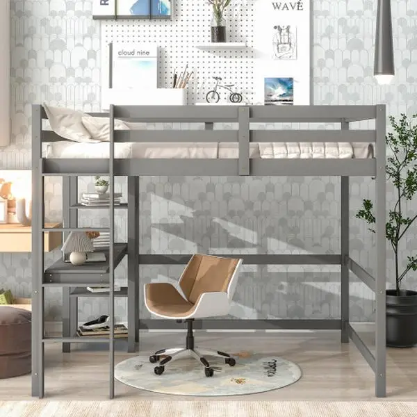 [Bellemave]Twin /Full Loft Pine Wood Bed with built-in desk, Safety Guardrails