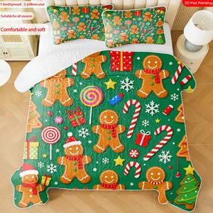 3pcs, 2D flat print Gingerbread Man Pattern Bedspread Set, Christmas Theme, multiple sizes available, bedding set, festive decorative bedding, ideal for bedroom décor(1 bedspread , 2 pillowcase)