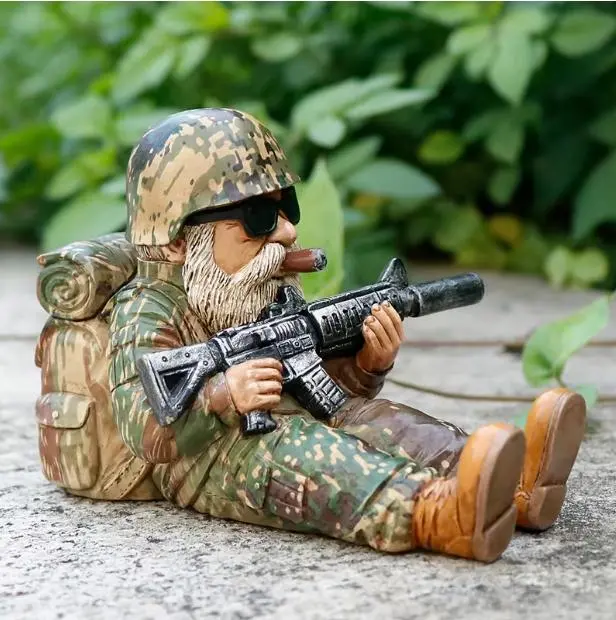 Funny Military-Style Combat Pose Garden Gnome Statue - Indoor Outdoor Lawn Decor, Halloween Christmas Birthday Gift for Friends supply decoration sculpture ornament miniature