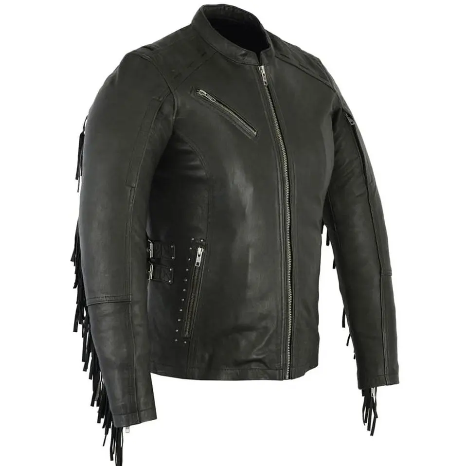 RENEGADE CLASSICS Women's Soft Goat Leather Motorcycle Jacket - Fitted Biker Style, Fringe Detail, Zipper Pockets, Concealed Carry Functionality