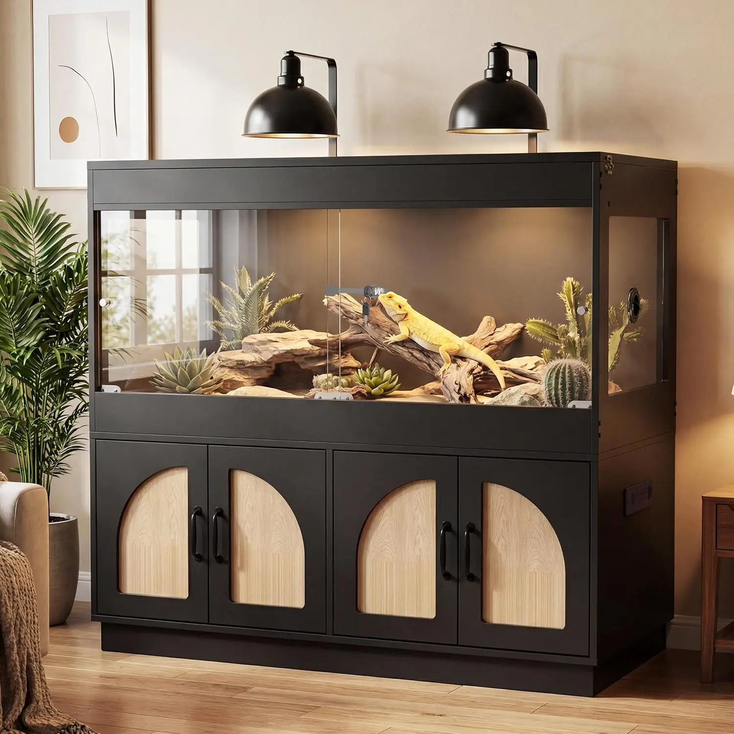 BELNET 120 Gallon Reptile Terrarium Tank and Storage Cabinet, Black Finish | 4x2x2 Reptile terrarium with stand, glass doors, locking mesh top, acrylic side panels, built-in power, storage cabinet