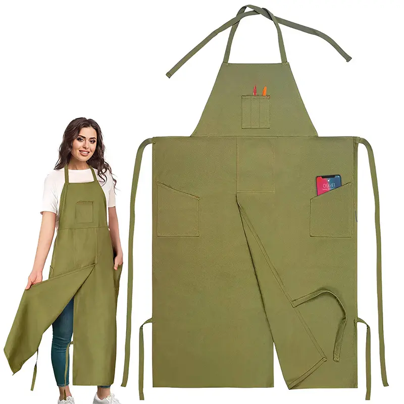 Canvas Long Overall Work Apron with Tool Pockets, Adjustable Waistband, Split Legs, Comfortable Durable, Dirt Resistant Apron, Ideal for Pottery, Crafts, DIY Projects, Kitchen Cooking Aprons