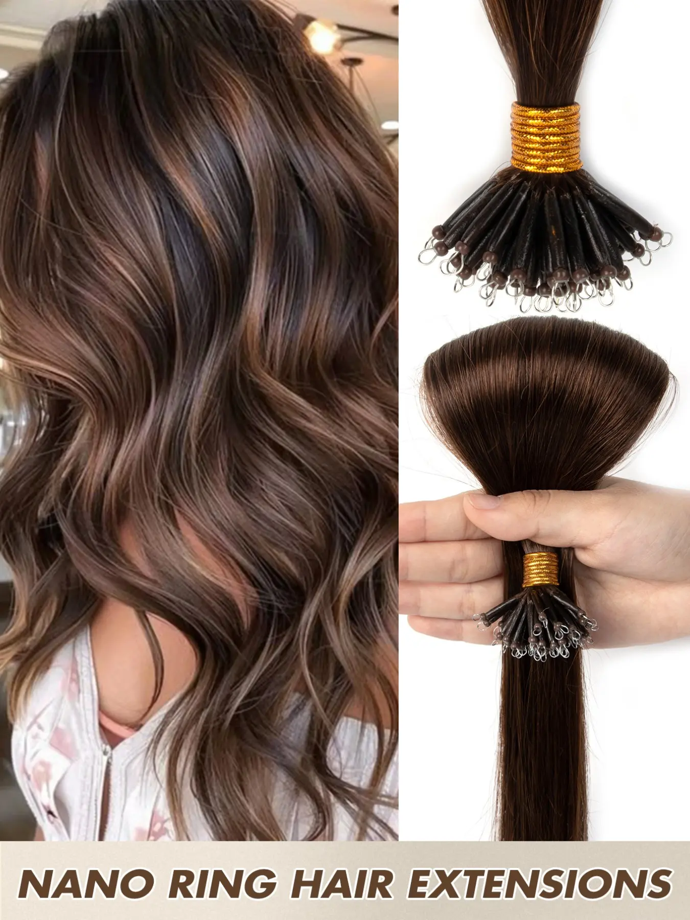 Nano Ring Hair Extensions Real Remy Human Hair Pre-Bonded Micro Beads 12-22inch Length - Natural Straight Texture with Brown/Black/Blonde/Mix Color Options - Invisible Seamless Application for Luscious Salon Looks - Easy DIY Micro Links Hairpiece wit