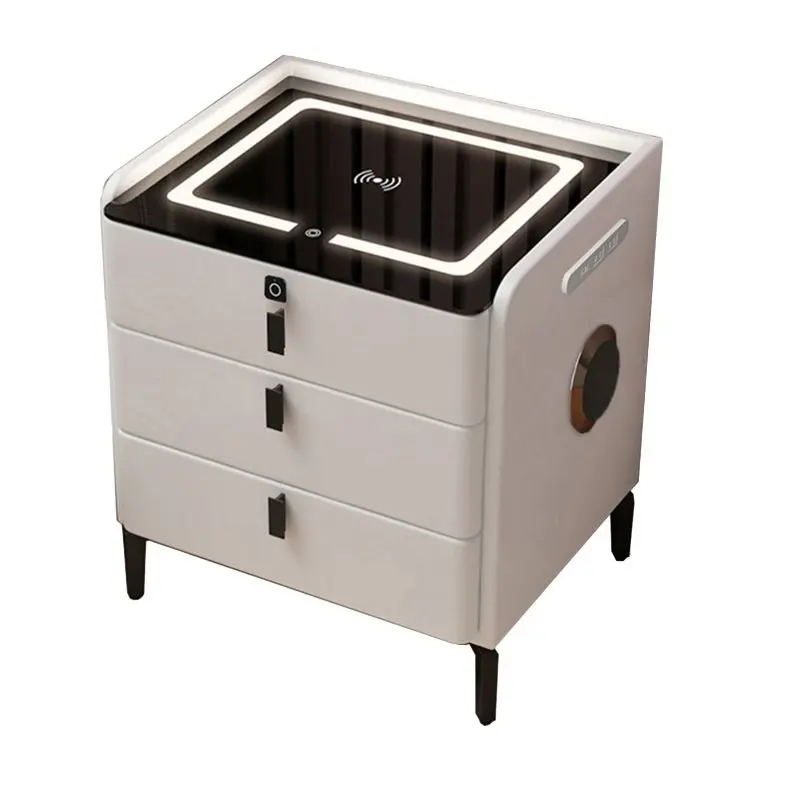 Modern Smart Nightstand with 3 Drawer Storage in Wood and Glass Countertop