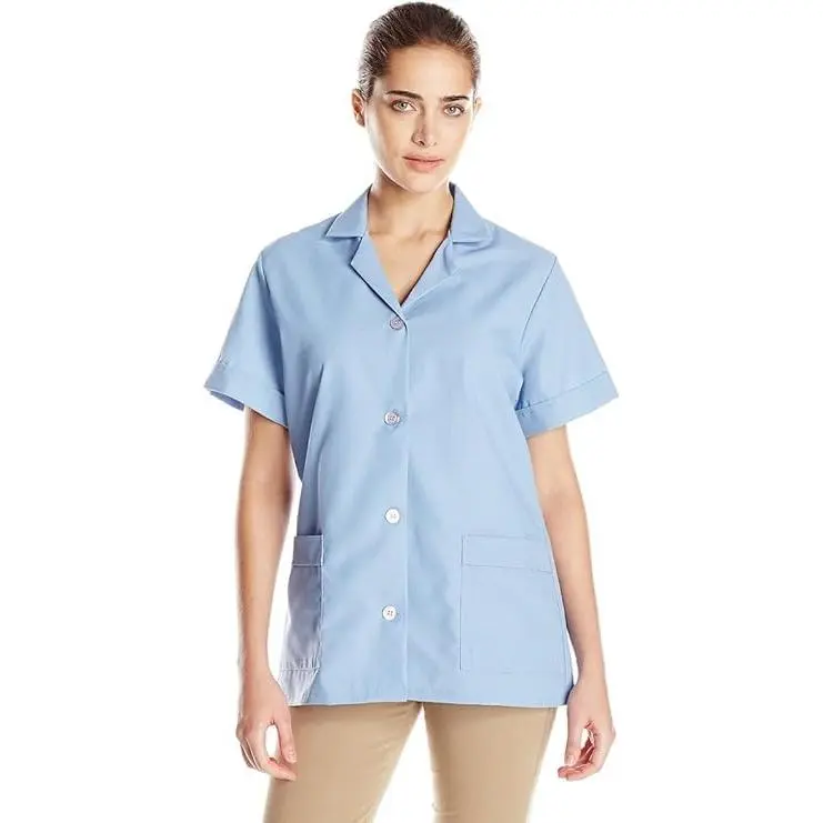 Red Kap Women's Collared Neck Short-Sleeve Wrinkle-Resistant Cotton-Polyester Smock Blouse - Light Blue, X-Large, Button-Front, Non-Yellowing Pockets, Tunic Length, Casual Day Fit Workwear Top, Soft Relaxed Fit, Breathable Durable Poplin Blend, Shortsleev