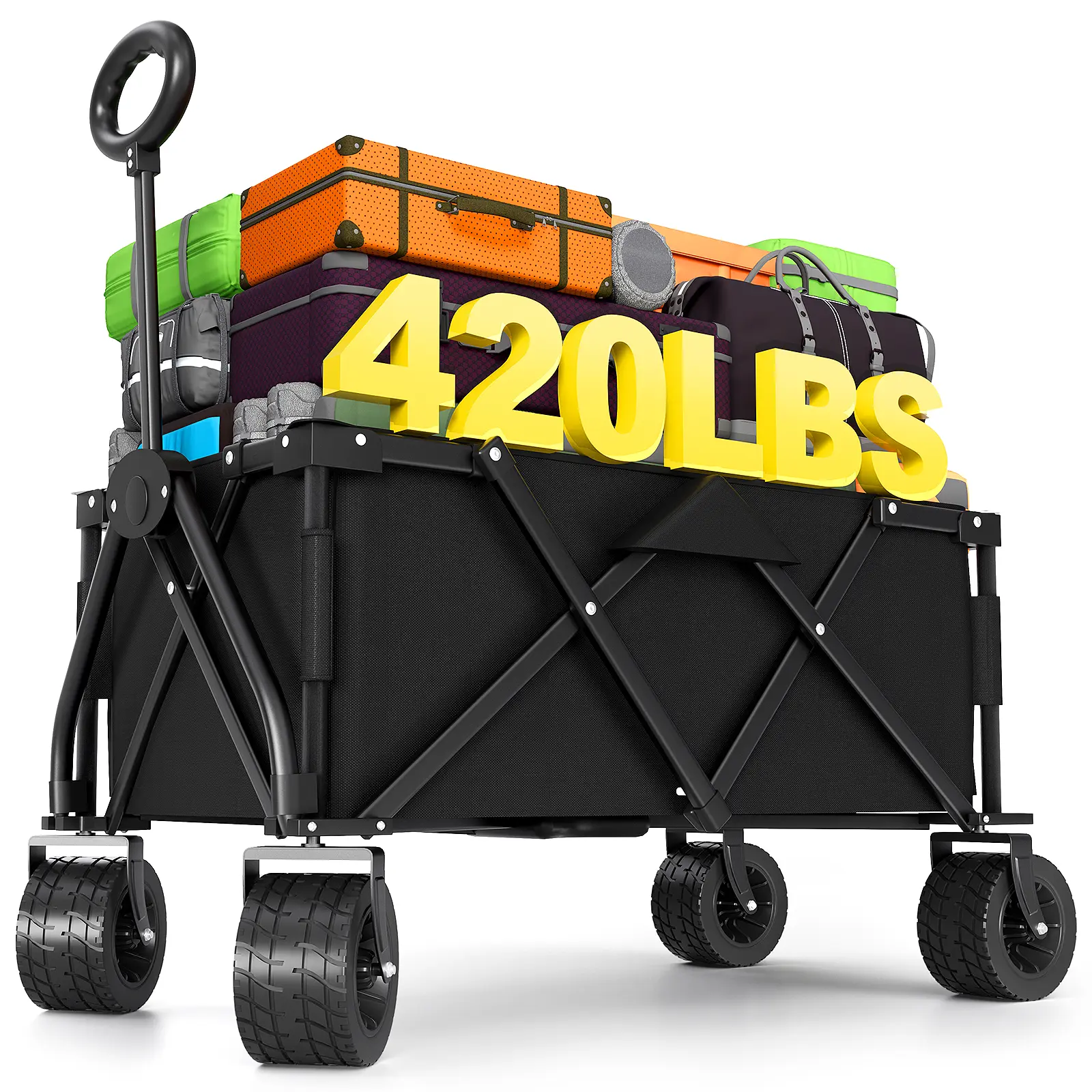 Heavy Duty Folding Wagon Collapsible Cart, 420Lb Capacity, All-Terrain Wheels w/Brakes & Side Pockets (Black)
