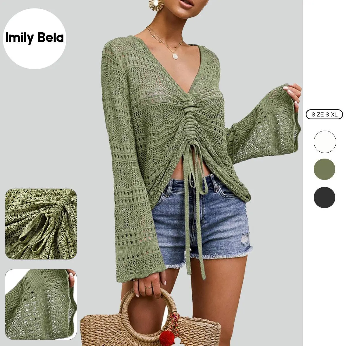 Imily Bela Womens V Neck Sweaters Boho Off Shoulder Crop Tops Oversized Bell Long Sleeve Crochet Ruched Knit Shirts RT5525