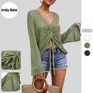 Imily Bela Womens V Neck Sweaters Boho Off Shoulder Crop Tops Oversized Bell Long Sleeve Crochet Ruched Knit Shirts RT5525