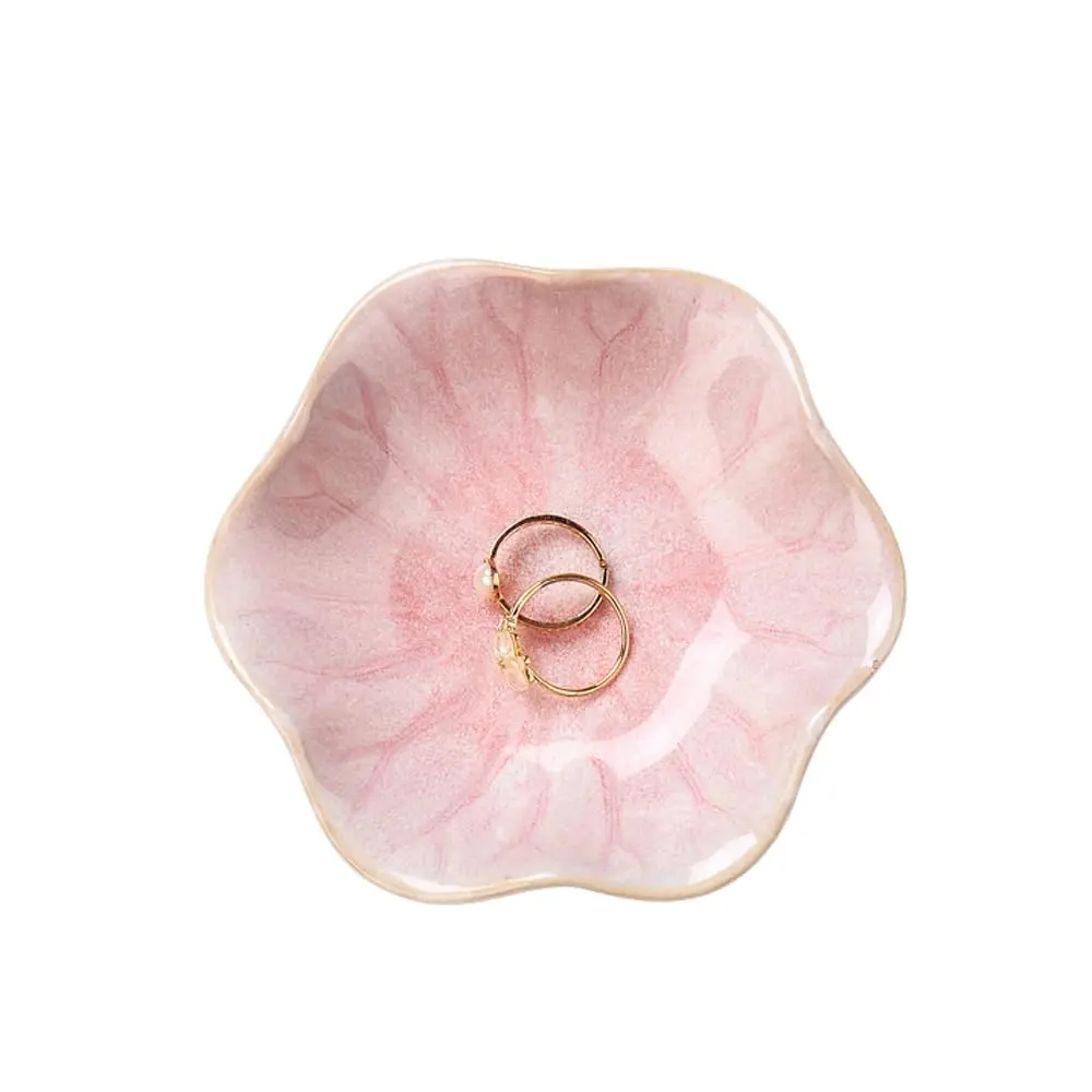 4.3x3.7" Pink Lotus-Shape Ceramic Trinket Tray with Magic Kiln Glaze Transformation Tech, Smooth Leaf-Design Decorative Home Storage Dish, Nightstand Ring Holder Jewelry Organizer, Mom Gifts (Exquisite Size and Protection)