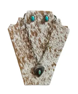Western Ranch Style Cowhide Necklace + Earrings Jewelry Display Medium 10.9" x 7.8" Rodeo Western Cowgirl Cowboy Turquoise Sterling Jewels, Meaningful Gift for Her