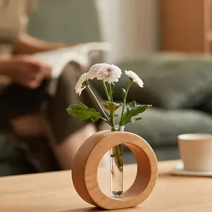 1 Piece Modern Minimalist Vase: Round Glass Vase with Wooden Base, Suitable for Home Decoration, Home Decorative Vase, Flower Arrangement Vase, Living Room, Household, Office Desk Decor, and Hydroponic Plant Vase